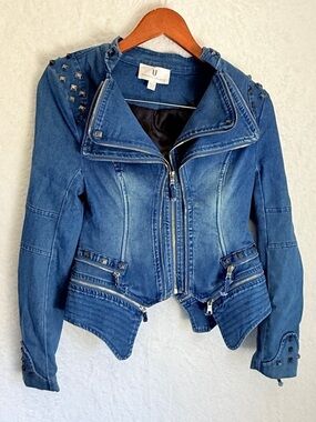 Forever Unique Studded Denim Moto Jacket Asymmetrical Zip Size 4 or small